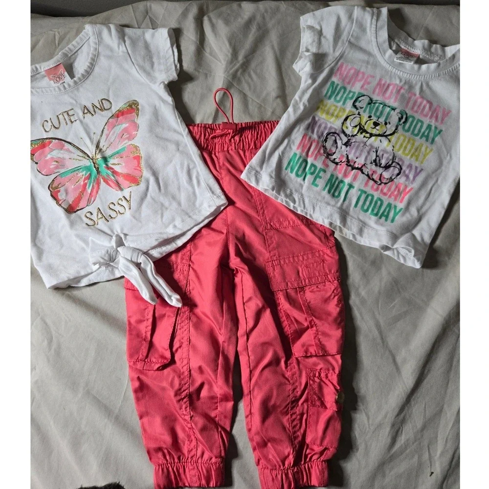Real Love Baby Girls 18M 3pc Set Butterfly Nope Not Today Shirts Pink Cargo Pant